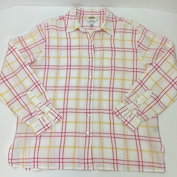 Talbots Irish Linen Windowpane Button Up Shirt Size 10 Long Sleeve Pink … - Picture 2 of 12
